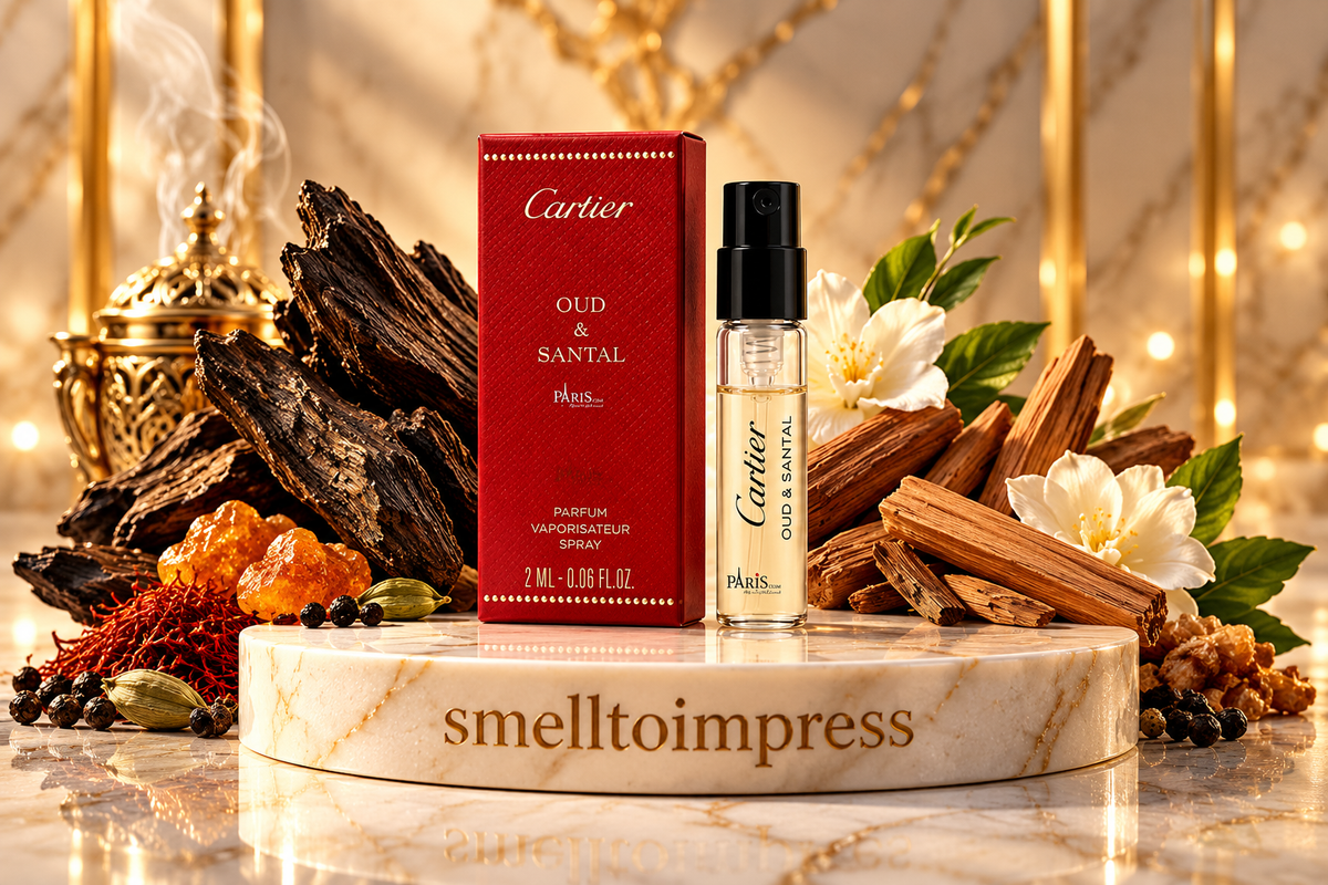 صورة عينة عطر رسمية من Cartier Les Heures Voyageuses Oud and Santal بحجم 1.5 ml 0.05 fl. oz. مع جهاز اختبار العطر