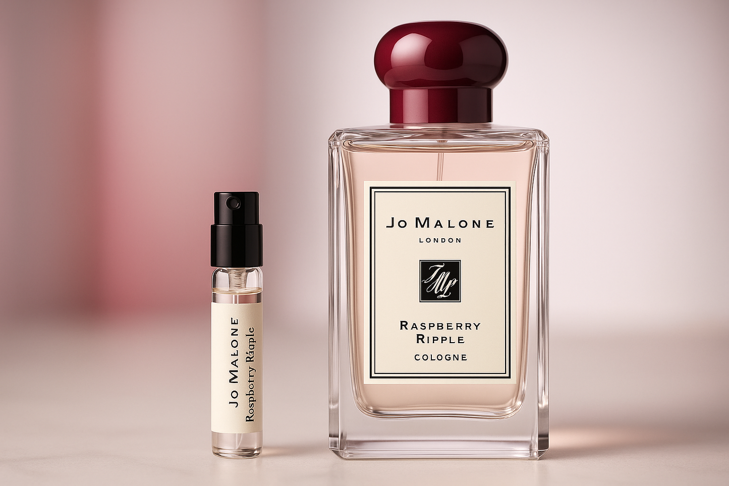 عينات عطر Jo Malone Raspberry Ripple Cologne، عينة عطر بحجم 1 مل بجانب زجاجة عطر Jo Malone Raspberry Ripple Cologne بحجم 100 مل