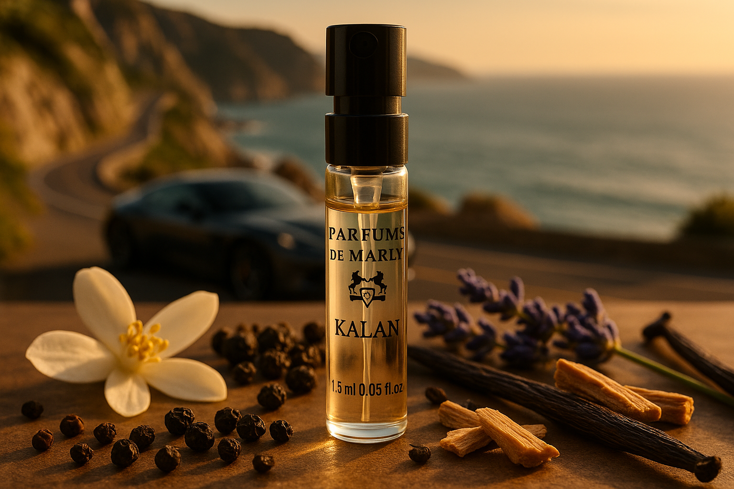 عينة عطر رسمية من Parfums De Marly Kalan بحجم 1.5 مل و0.05 أونصة سائلة، في الخلفية سيارة فاخرة على ساحل البحر، العينة محاطة بملاحظات عطرية من عطر Kalan.