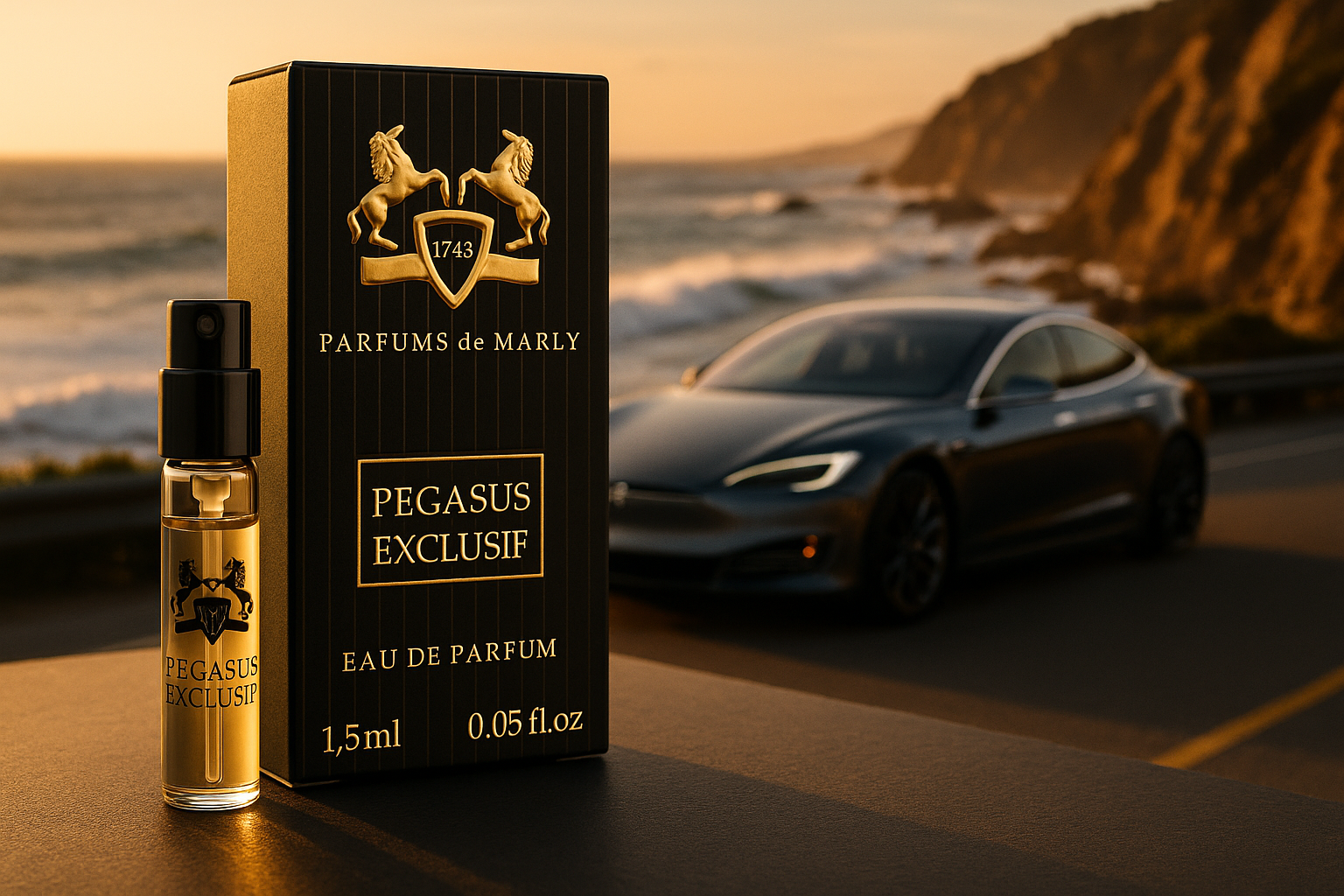 عينة عطر رسمية من Parfums De Marly Pegasus Exclusif، 1.5 مل، 0.05 أونصة سائلة، في الخلفية سيارة كهربائية فاخرة على الساحل