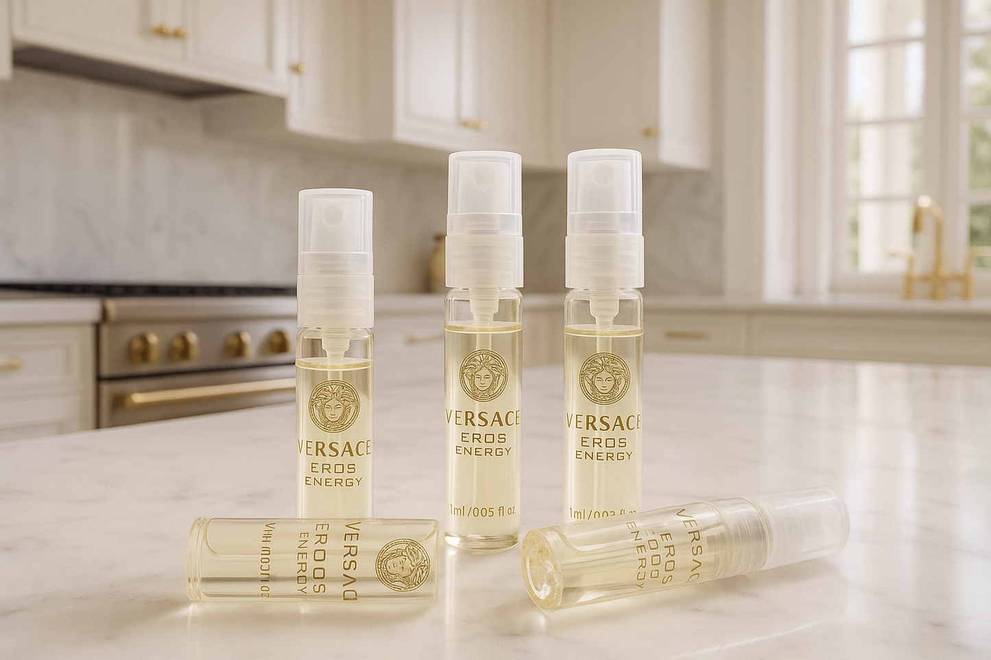 عينات عطر Versace Eros Energy في مطبخ إيطالي أبيض فاخر للغاية