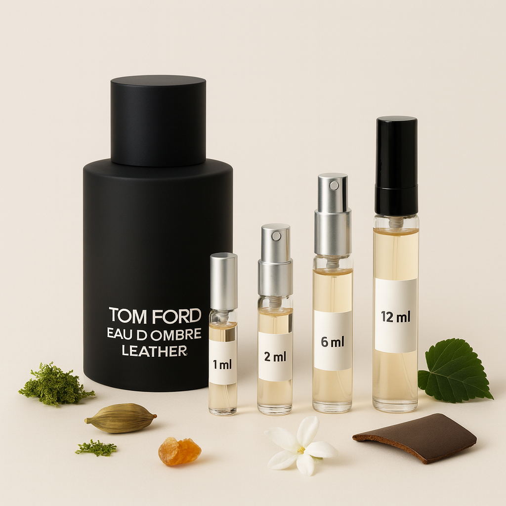 زجاجة Tom Ford Eau d’Ombre Leather مع قوارير عينات 1 مل و2 مل و6 مل و12 مل مرتبة على خلفية فاتحة مع لمسات من الهال والياسمين والعنبر والطحلب والجلد
