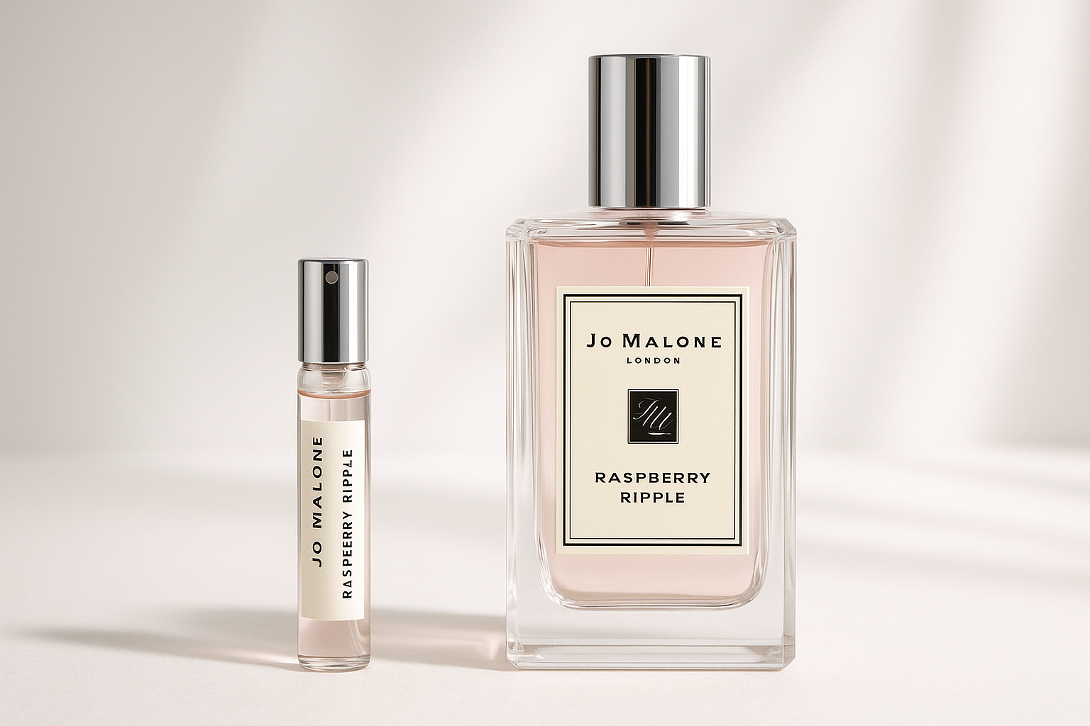 عينة عطر Jo Malone Raspberry Ripple سعة 2 مل بجانب زجاجة عطر Jo Malone Raspberry Ripple سعة 100 مل