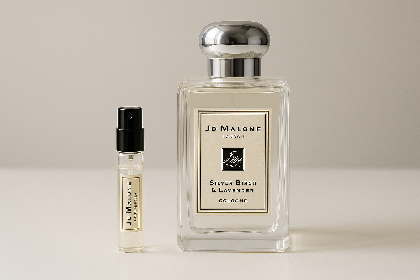 عينات عطر كولونيا سيلفر بيرش آند لافندر من جو مالون، عينة عطر سعة 2 مل بجانب عطر سيلفر بيرش آند لافندر من جو مالون سعة 100 مل
