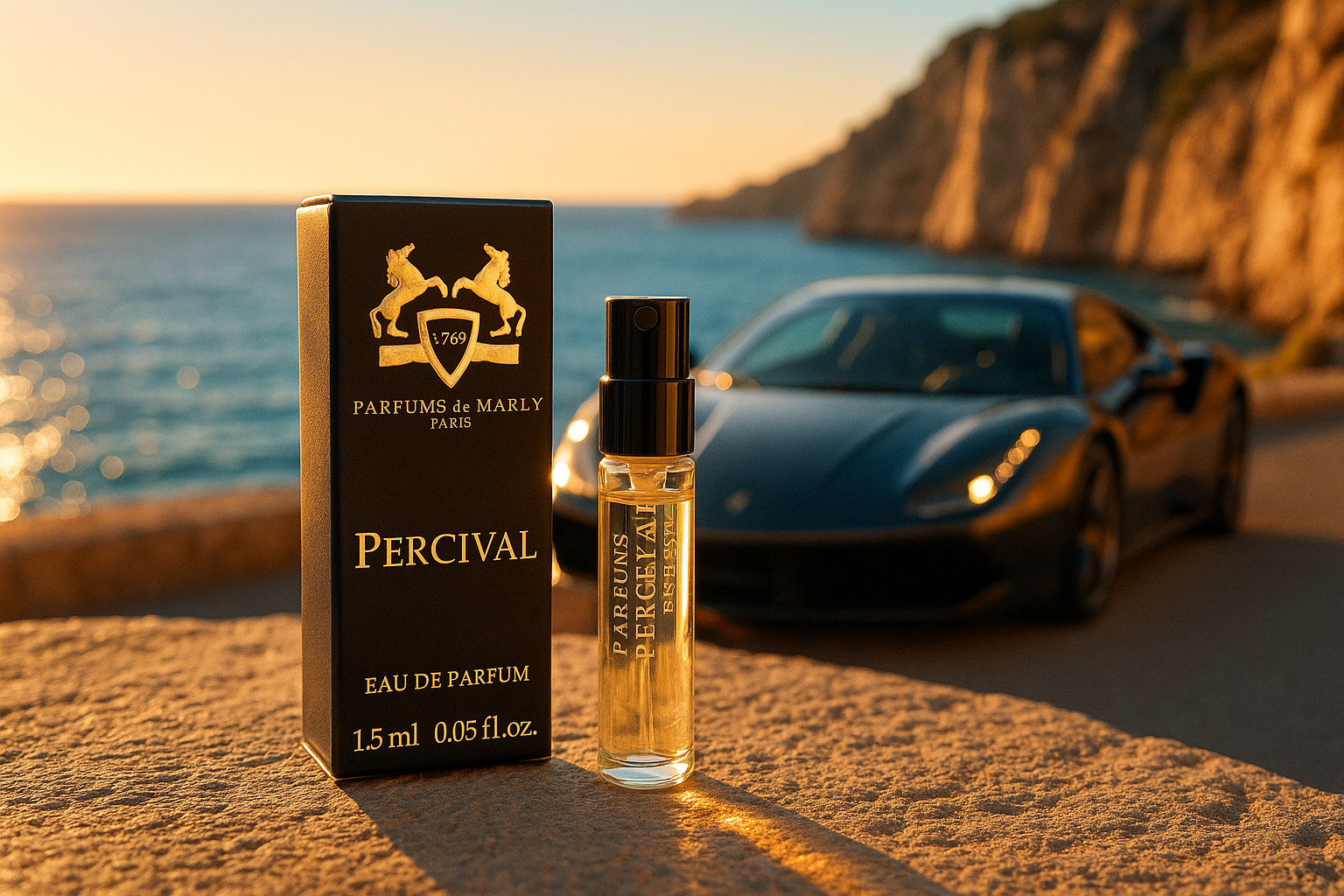 عينة عطر رسمية من Parfums De Marly Percival، 1.5 مل، 0.05 أونصة سائلة، مع سيارة فاخرة خلفها على ساحل البحر.