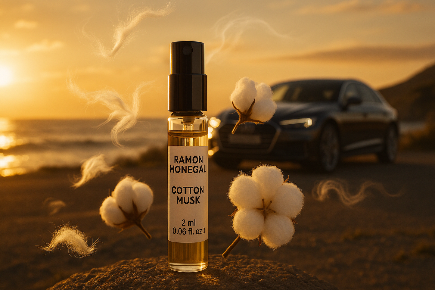عينة عطر رامون مونيجال كوتون مسك الرسمية 2 مل 0.06 أونصة سائلة. عينة عطر، سيارة فاخرة في الخلفية بالقرب من ساحل البحر عند غروب الشمس، العينة محاطة بملاحظات عطر كوتون مسك.