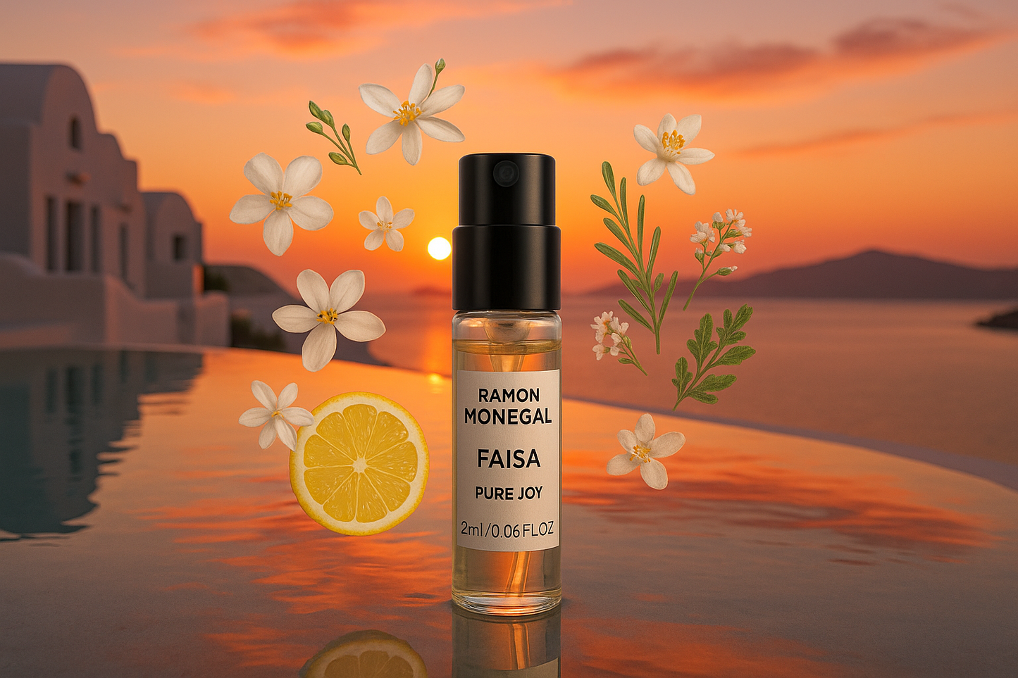 عينة عطر رسمية من رامون مونيغال فايسا بيور جوي، 2 مل، 0.06 أونصة سائلة. عينة عطر، في الخلفية، غروب الشمس في مسبح سانتوريني، العينة محاطة بنفحات عطر فايسا بيور جوي.