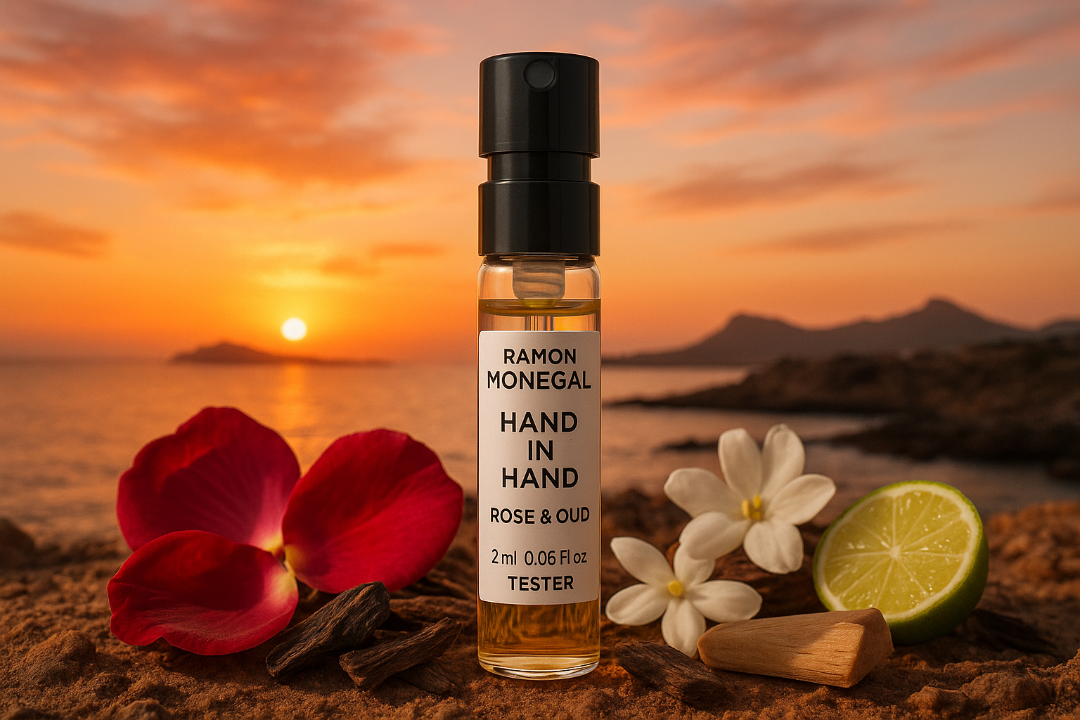عينة عطر رسمية من رامون مونيجال هاند إن هاند روز آند عود، 2 مل، 0.06 أونصة سائلة. عينة عطر، في خلفية غروب الشمس في جزيرة بلانا، إسبانيا، العينة محاطة بنفحات عطر هاند إن هاند روز آند عود.