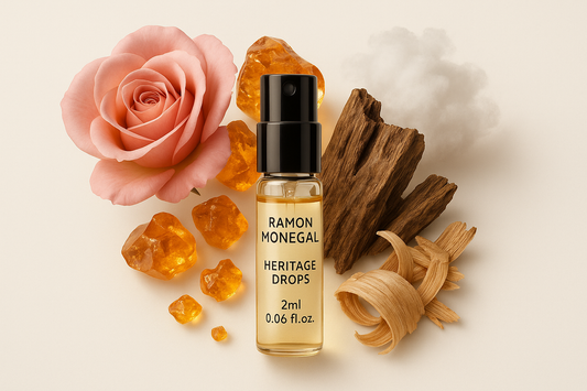 عينة عطر رسمية من رامون مونيجال هيريتيج دروبس، زجاجة عينة اختبار عطر، 2 مل، 0.06 أونصة سائلة، محاطة بروائح عطر هيريتيج دروبس.