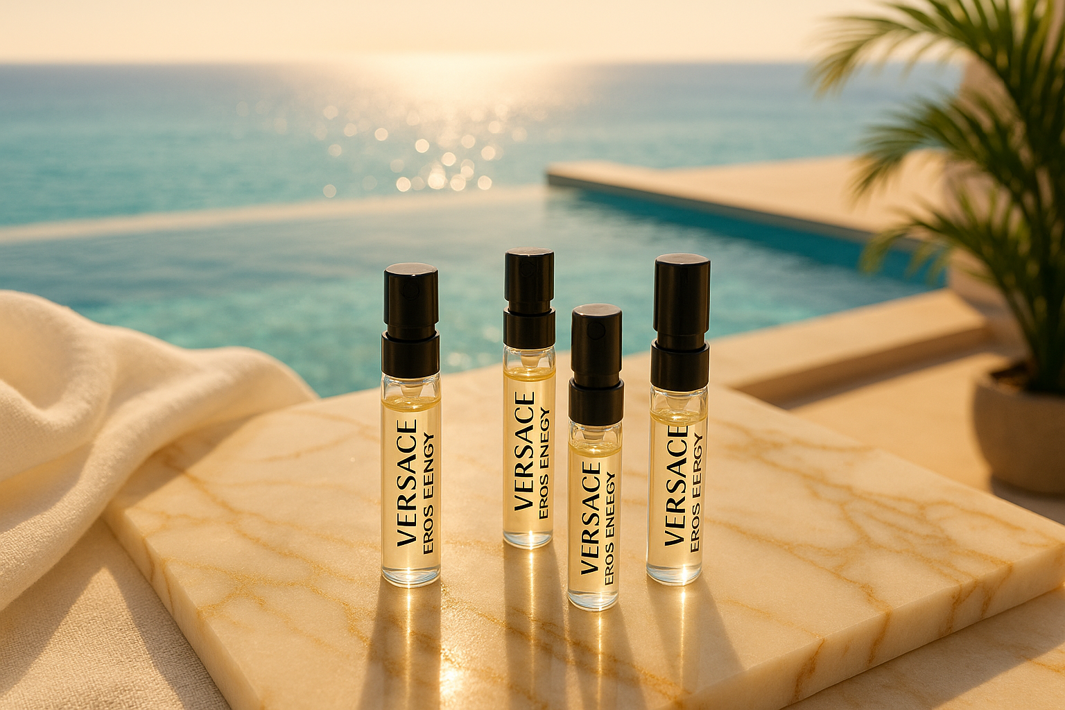 عينات عطر Versace Eros Energy، خلفية أنيقة مطلة على البحر مع حمام سباحة